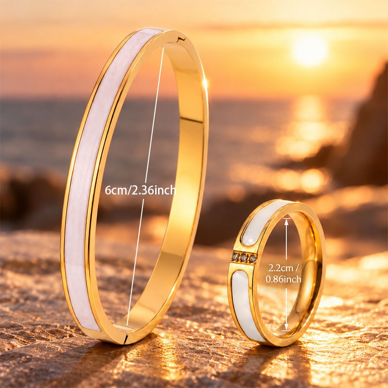 Women's 2pc Elegant White Enamel Bangle & Ring Set, Buckle Style